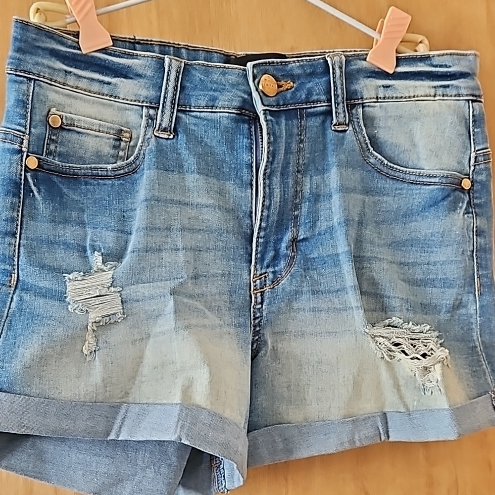 Kendall & Kylie Blue Jean Shorts with Distressing and Cuffed Hem